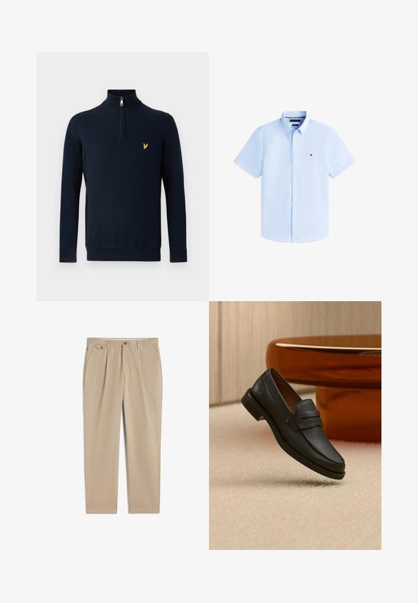 Jersey azul marino con cuello de medio cierre, hecho de tela suave; cuenta con un pequeño logo amarillo bordado en el pecho.; Camisa azul claro de manga corta con botones, cuello abotonado y pequeño logo bordado en el pecho izquierdo.; Pantalones beige de pierna recta con trabillas para el cinturón, cierre delantero con botón y cremallera, bolsillos laterales y detalle plisado cerca de la cintura.; Mocasín de hombre de cuero negro con una banda en la parte superior, exhibido sobre una alfombra beige cerca de una mesa circular moderna marrón.
