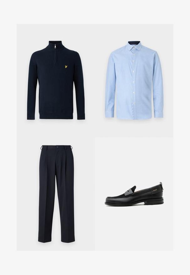 Navyblauwe pullover met een halve rits bij de kraag, gemaakt van gladde stof; heeft een klein geel geborduurd logo op de borst.; Lange mouwen knoopshirt in lichtblauw met een klein ruitpatroon, witte knopen en een contrasterende donkerblauwe kraag. Zachte textuur.; Donkerblauwe op maat gemaakte broek met knoop- en ritsluiting aan de voorkant, riemlussen en zijzakken, getoond op een witte achtergrond.; Zwarte leren loafer met grijs riemdetailelement, lage hak en gestructureerde zool, aan de zijkant gebrandmerkt met "HUGO" in goud.