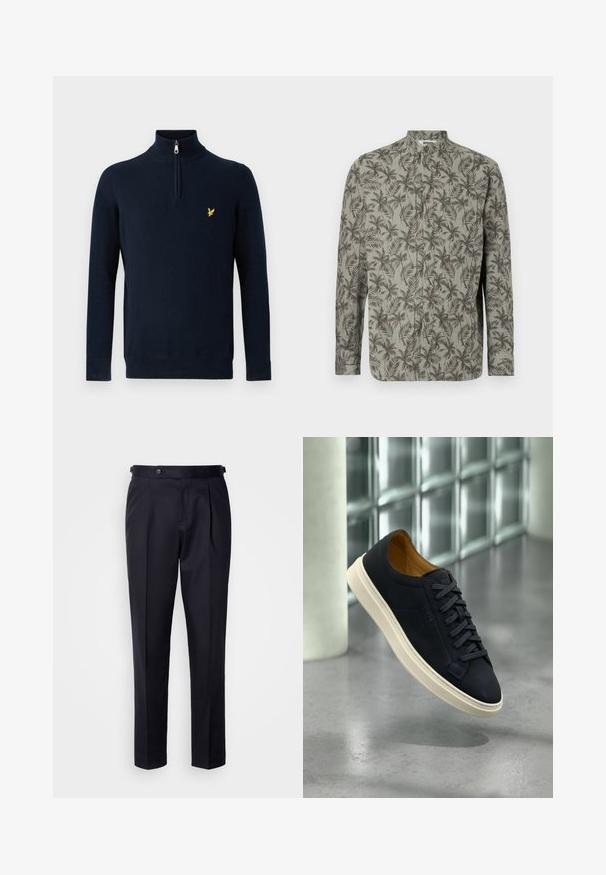 Marineblå pullover med halv lynlås ved kraven, lavet af glat stof; har et lille gult broderet logo på brystet.; Langærmet skjorte i lysegrå med palmebladsmønster. Har en bandkrave og brune knapper. Lavet af struktureret stof.; Marineblå kjolebukser lavet af glat stof med plisseret front, lige ben og en linning med knaplukning.; Sort lavtop lædersneaker med hvid sål og snørebånd, mærket "BOSS," vist svævende over grå poleret gulv nær glasblokvæg.