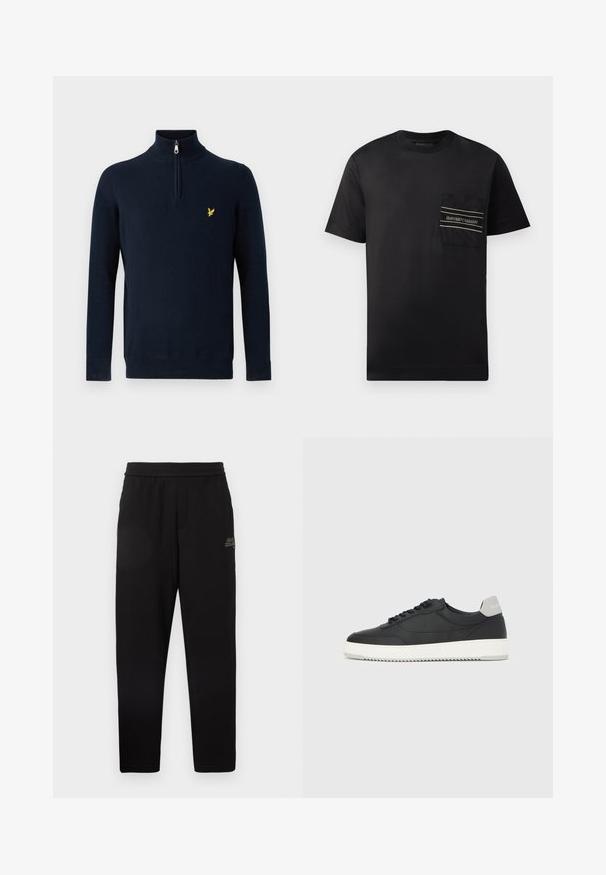 Marineblå pullover med halv lynlås ved kraven, lavet af glat stof; har et lille gult broderet logo på brystet.; Sort kortærmet t-shirt lavet af bomuld, der har en nærbillede brystlomme med et logo og to vandrette striber i hvid og guld.; Sorte tapered sweatpants med elastisk talje og lille trykt logo på øvre venstre lår.; Sort lavtop-sneakers med hvid sål og grå hælkappe, set fra siden på en helt hvid baggrund.
