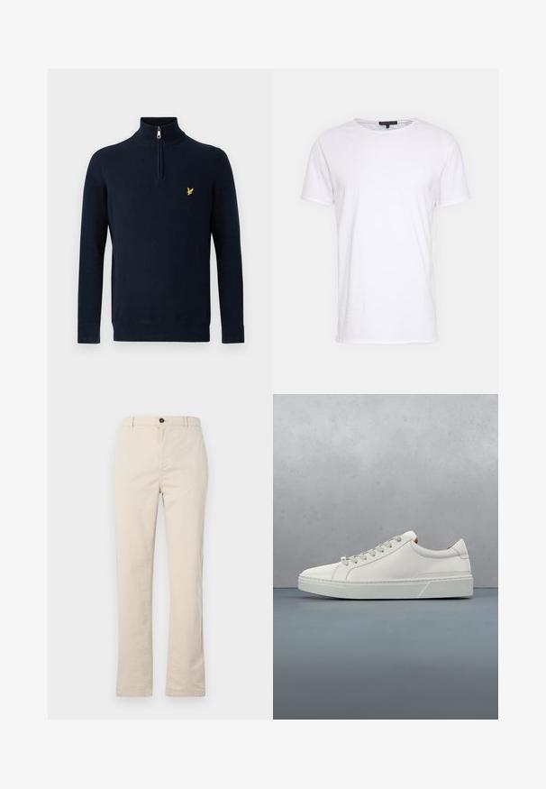 Pull-over bleu marine avec col zippé à moitié, en tissu lisse ; présente un petit logo brodé jaune sur la poitrine.; T-shirt en coton blanc avec un col rond, des manches courtes et une coupe droite. Présente une texture simple et lisse, sans motifs supplémentaires.; Pantalons en coton beige clair avec une coupe droite, dotés d'une fermeture à bouton à l'avant, d'une braguette zippée et de détails de couture minimalistes.; Baskets en cuir blanc avec un bout arrondi, design minimaliste, lacets gris et semelle en caoutchouc gris texturé. Détails de couture subtils visibles.