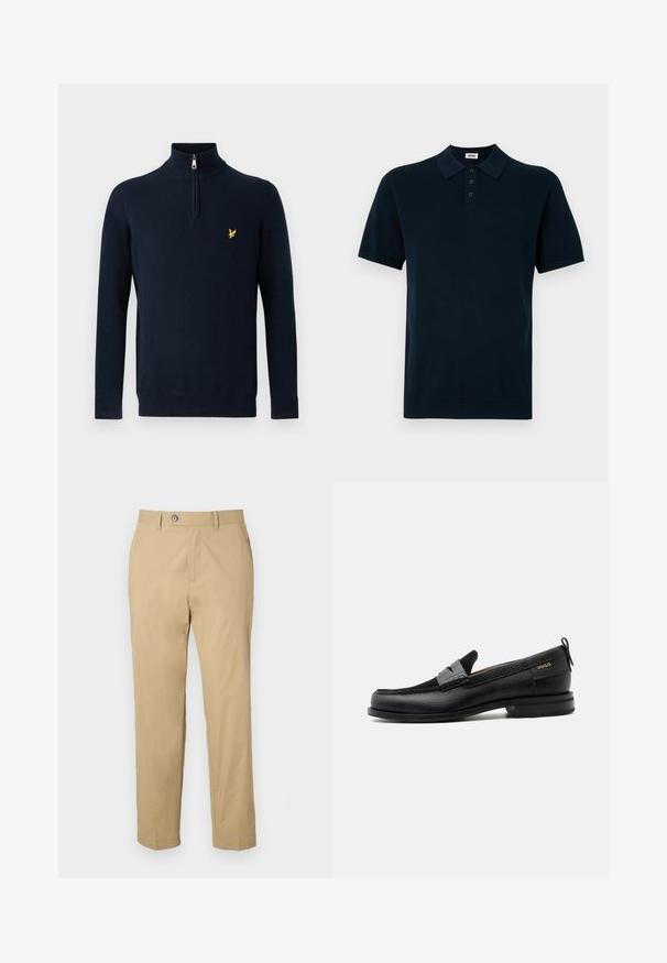 Jersey azul marino con cuello de medio cierre, hecho de tela suave; cuenta con un pequeño logo amarillo bordado en el pecho.; Camisa polo azul marino de manga corta, con tela texturizada, tapeta de tres botones y cuello y puños de punto.; Pantalones beige de mezcla de algodón con un diseño de pierna recta, bolsillos frontales y cierre de botón. Textura suave y dobladillos con puños.; Mocasín de cuero negro con detalle de tira gris, tacón bajo y suela texturizada, con la marca "HUGO" en oro en el lateral.