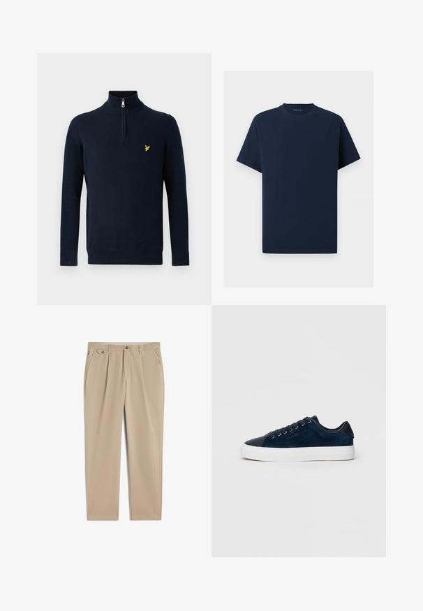Marineblå pullover med halv lynlås ved kraven, lavet af glat stof; har et lille gult broderet logo på brystet.; Enkelt mørkeblåt T-shirt med korte ærmer og rund hals på hvid baggrund, der viser forfra uden synlige logoer eller designs.; Beige bukser med lige ben, bæltestropper, knaplukning og lynlås foran, sidelommer og plisseret detalje nær taljen.; Marineblå ruskinds sneakers med en blank mørk tåhætte, hvid gummisål og seks snørrehuller, der har et diskret logo på siden.