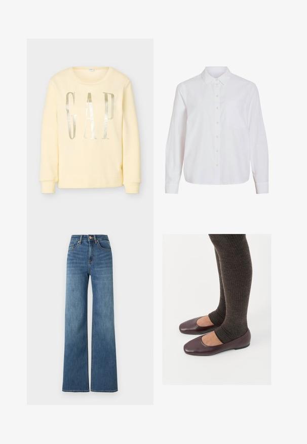 Sweat-shirt jaune pâle à manches longues avec un col rond et de grandes lettres argentées réfléchissantes formant le mot « GAP » sur le devant.; Chemise blanche à manches longues, boutonnage frontal, col classique, poche poitrine unique, confectionnée dans un tissu lisse et léger avec une coupe décontractée.; Jean taille haute bleu moyen avec jambes larges, fermeture avant par boutons et zip, style cinq poches.; Ballerines en cuir verni bourgogne à bout carré, accompagnées de chaussettes en tricot côtelé marron foncé atteignant le molet.