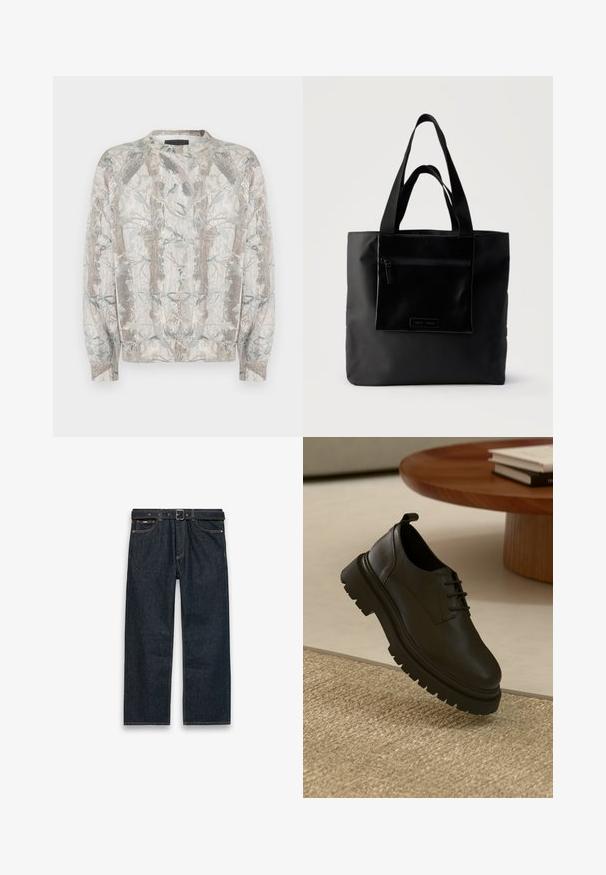 Pull à col rond, avec une base gris clair et un imprimé naturel représentant des arbres et des feuilles aux tons verts et bruns sobres.; Jean en denim bleu foncé à jambes droites avec passants pour ceinture et une ceinture noire, poches avant et coutures visibles sur fond blanc.; Chaussure en cuir noir avec une surface texturée, bout rond, design à lacets et semelle en caoutchouc noir épaisse. Flottant au-dessus d'un tapis tissé.; Sac cabas noir avec poche zippée à l'avant et double poignée, posé sur un fond clair uni.