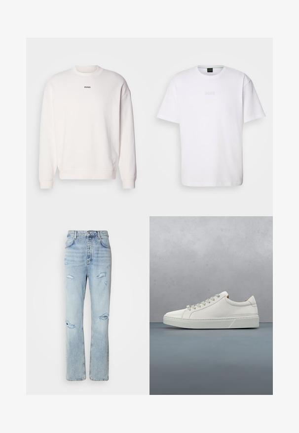 Sweatshirt blanc à col rond en mélange de coton doux, présentant une coupe décontractée, des poignets côtelés, et le logo "HUGO" en noir sur la poitrine.; T-shirt en coton blanc à manches courtes, col rond, avec un logo « BOSS » en relief sur la poitrine. Texture lisse, coupe standard.; Jean en denim délavé avec une coupe décontractée, présentant des zones déchirées et des bords effilochés. Le tissu a une texture douce et lisse.; Baskets en cuir blanc avec un bout arrondi, design minimaliste, lacets gris et semelle en caoutchouc gris texturé. Détails de couture subtils visibles.