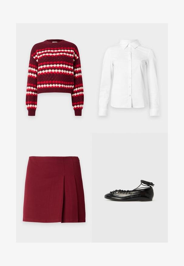 Pull court à motifs rouge et blanc avec un col rond et des poignets côtelés, présentant une texture tricotée et des motifs en forme de cœur.; Chemise blanche à manches longues avec boutons, col pointu, ourlet droit et silhouette ajustée, présentée sur un fond clair uni.; Jupe mini plissée bordeaux avec une texture lisse, taille ajustée et fermeture à glissière sur le côté. Design simple et minimaliste sans motifs.; Ballerines en cuir verni noir avec un bout rond, un design à lacets et une semelle plate. Texture lisse avec peu de détails.
