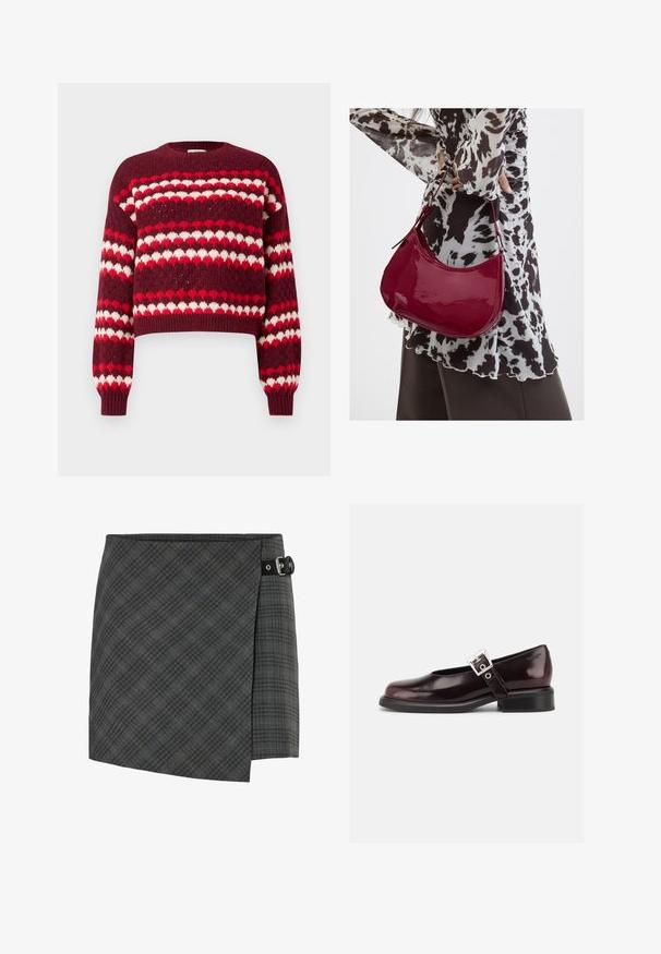 Pull court à motifs rouge et blanc avec un col rond et des poignets côtelés, présentant une texture tricotée et des motifs en forme de cœur.; Jupe en laine à carreaux gris foncé avec un détail de boucle noire sur le côté droit, ourlet droit et un motif subtil de lignes diagonales.; Chaussure Mary Jane unique brillante couleur bordeaux foncé avec une large bride et une boucle argentée, talon bloc bas et bout arrondi sur fond blanc.; Femme portant un chemisier à motif noir et blanc tenant un sac à main rouge brillant sur un fond uni.