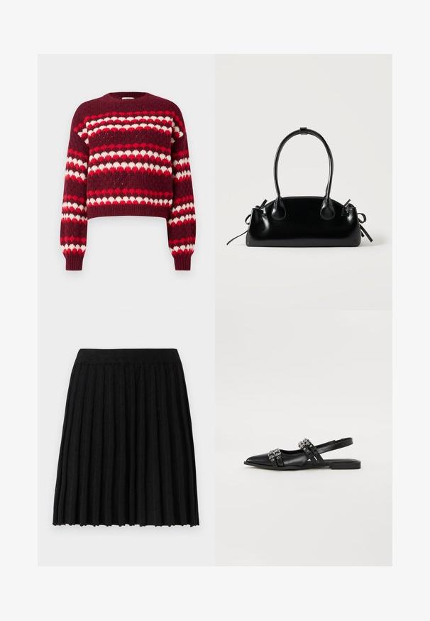 Pull court à motifs rouge et blanc avec un col rond et des poignets côtelés, présentant une texture tricotée et des motifs en forme de cœur.; Vero Moda Knitted VMMARINA Short - Minijupe - black; Even&Odd Ballerines à brides arrière - black; Petit sac à main noir brillant avec deux longues anses et des détails à cordon sur les côtés sur un fond clair uni.