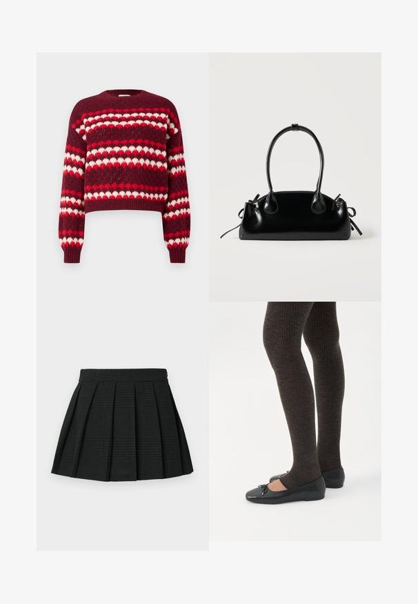 Pull court à motifs rouge et blanc avec un col rond et des poignets côtelés, présentant une texture tricotée et des motifs en forme de cœur.; Jupe plissée noire en tissu texturé. Dispose d'une taille et d'un léger motif écossais tout au long. Longueur courte avec des plis superposés.; Jambes portant des leggings côtelés foncés associés à des ballerines noires avec de petits détails en nœud sur fond blanc.; Petit sac à main noir brillant avec deux longues anses et des détails à cordon sur les côtés sur un fond clair uni.