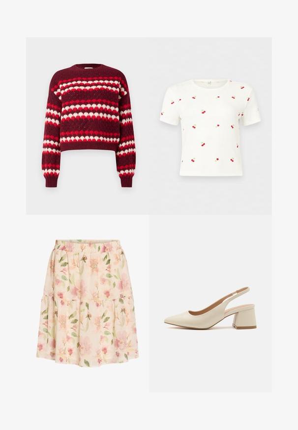 Pull court à motifs rouge et blanc avec un col rond et des poignets côtelés, présentant une texture tricotée et des motifs en forme de cœur.; Chemise blanche à manches courtes et courte, avec de petits motifs de cerises rouges et des feuilles vertes dispersées sur le tissu.; Jupe à volants fleurie rose clair avec taille élastique, présentant un motif de feuilles et fleurs vert tendre et pêche.; Mocassin à talon bas et bout pointu en cuir beige clair avec une bride arrière. Présente un design découpé et une texture lisse.