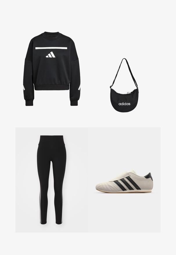Sweatshirt noir en mélange de coton, avec une bande horizontale blanche et trois rayures blanches sur la manche gauche, col rond.; Leggings de sport noirs avec taille haute, présentant des bandes latérales blanches, une texture lisse et une coupe ajustée convenant aux vêtements de sport.; Baskets gris clair avec des rayures noires, bout arrondi, tige en cuir lisse, fermeture à bande Velcro et semelle en caoutchouc.; Sac à épaule en tissu noir, de forme semi-circulaire, avec une fermeture éclair, une sangle ajustable et le logo Adidas blanc à l'avant.