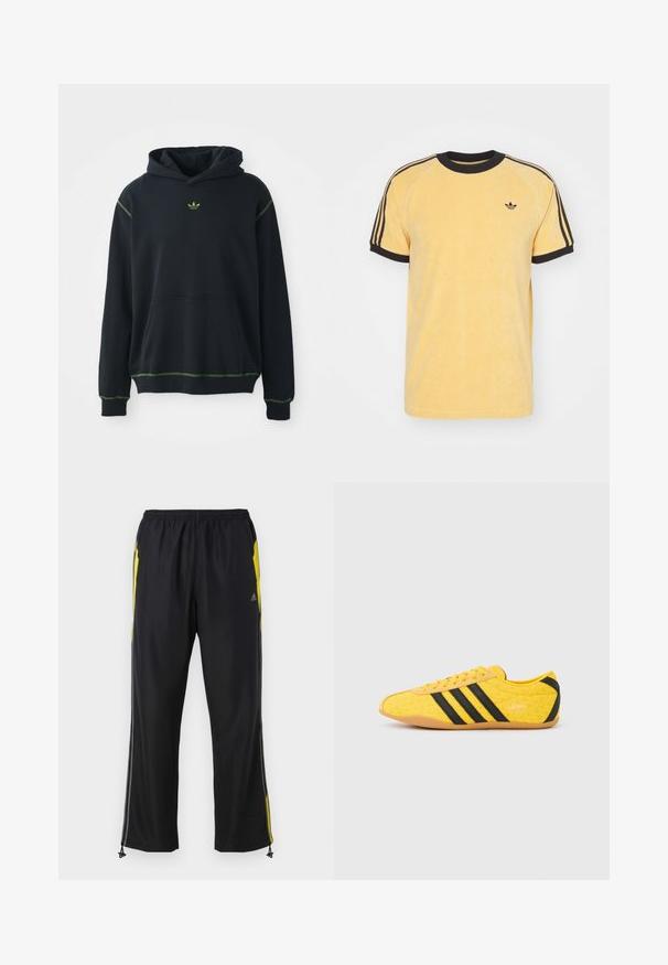 Čierna mikina s kapucňou a vreckom, s zelenými ozdobnými švami a malým zeleným logom na hrudi. Obsahuje šnúrku na stiahnutie a dlhé rukávy.; adidas Originals CALI TEE - Tričko s potlačou - oat; Čierne športové nohavice s žltými bočnými akcentmi, elastickým pásom a zipsovými bočnými vreckami. Vyrobené z ľahkej, hladkej tkaniny.; Žltá športová obuv s textúrovaným zvrškom, s čiernymi pruhmi a logom. Zaoblená špička, mäkká podrážka a vzor v tvare cik-cak na materiáli.