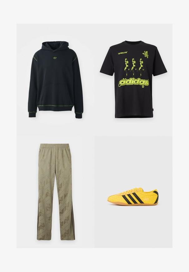 Schwarzer Hoodie mit einer Tasche, grünen Nähakzenten und kleinem grünem Logo auf der Brust. Hat eine Kapuze mit Kordelzug und lange Ärmel.; Schwarzes Baumwoll-T-Shirt mit einem leuchtend grünen Grafikdesign, das drei Figuren und den Text "adidas" am unteren Rand zeigt. Rundhalsausschnitt-Stil.; Hellolivgrüne Sporthose mit dezenten diagonalen Logomustern, elastischem Bund, Seitentaschen und dunklen Seitenstreifen.; Gelber Sportschuh mit strukturiertem Obermaterial, verziert mit schwarzen Streifen und Logo. Abgerundete Spitze, weiche Sohle und Zickzackmuster auf dem Material.
