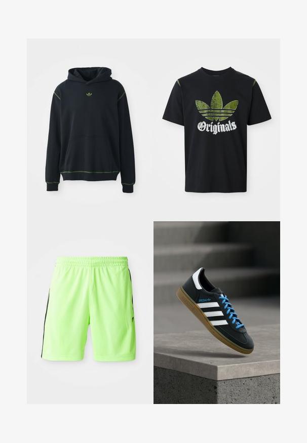 Čierna mikina s kapucňou a vreckom, s zelenými ozdobnými švami a malým zeleným logom na hrudi. Obsahuje šnúrku na stiahnutie a dlhé rukávy.; Čierne bavlnené tričko s roztrhnutým zeleným grafickým dizajnom so tromi pruhmi a slovom "Originals" pod ním v bielej farbe, okrúhly výstrih, krátke rukávy.; Neon zelené športové šortky s elastickým pásom, s čiernymi bočnými pruhmi a ľahkým, priedušným materiálom.; Čierna teniska Adidas s bielymi pruhmi, modrými šnúrkami a gumovou podrážkou, ktorá sa vznáša nad sivým betónovým schodom v mäkkom svetle.