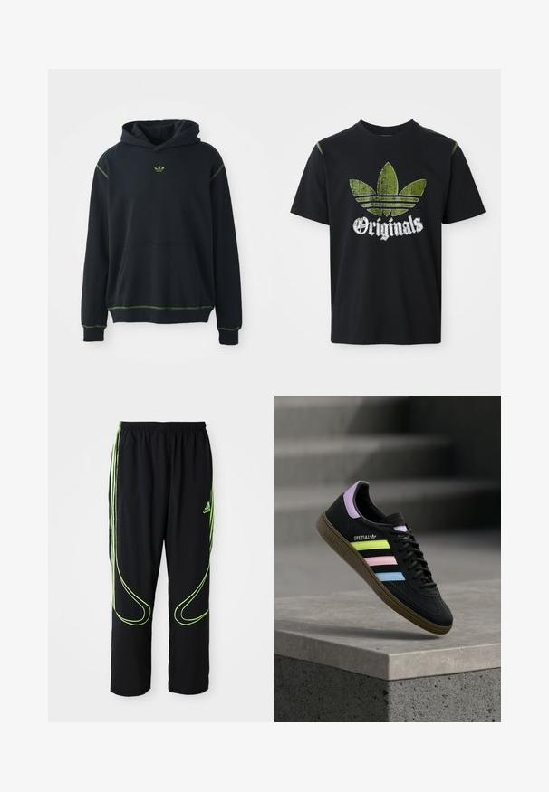 Sort hættejakke med lomme, grønne syninger og lille grønt logo på brystet. Har en hætte med snøringer og lange ærmer.; Sort bomulds T-shirt med et slidt grønt grafik med tre striber og ordet "Originals" nedenfor i hvidt, rund halsudskæring, korte ærmer.; Sorte Adidas sportbukser med neongrønne buede linjer og tre striber på siderne, elastisk livrem og Adidas-logo på forsiden af låret.; Sort Adidas Spezial sneaker med pastelgule, pink og blå striber, lavendel hælstrop og brun sål, svævende over betonforkant.