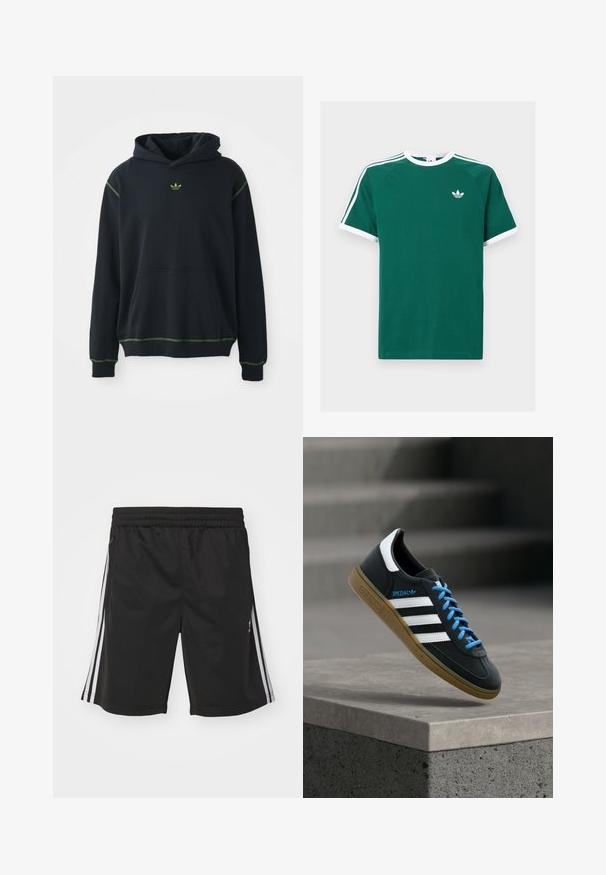 Schwarzer Hoodie mit einer Tasche, grünen Nähakzenten und kleinem grünem Logo auf der Brust. Hat eine Kapuze mit Kordelzug und lange Ärmel.; Grünes Baumwoll-T-Shirt mit weißen Akzenten, ausgestattet mit kurzen Ärmeln, einem Rundhalsausschnitt und drei weißen Streifen an jeder Schulter. Kleines Logo auf der Brust.; Schwarze Sportshorts mit einem elastischen Bund, ausgestattet mit weißen seitlichen Streifen und einer glatten Stoffoberfläche. Keine zusätzlichen Verzierungen.; Schwarzer Adidas-Sneaker mit weißen Streifen, blauen Schnürsenkeln und Gummisohle, der über einer grauen Betontreppe im weichen Licht schwebt.