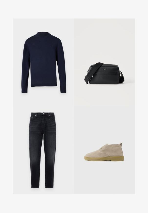 Mørkeblå strikket sweater med høj hals, lange ærmer og ribbede manchetter. Har et diskret brandlogo på brystet. Glat tekstur.; Sorte slim-fit jeans med fem lommer, frontknap og subtil udtoning på lårene, præsenteret på en hvid baggrund.; Beige ruskinds ankelhøj snøresko med lysebrun gummisål og en løkke ved hælen, Calvin Klein logo nær kraven.; Sort tekstureret læder crossbody taske med front lynlåslomme og justerbar bred stofskulderrem på hvid baggrund.