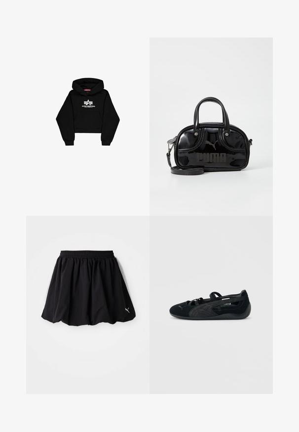 Sort cropped hoodie lavet af blødt materiale. Har en frontlomme, ribbede ærmer og et hvidt logo print med striber på brystet.; Sort atletisk nederdel med elastisk talje, der har hvide sidelister og et lille logo i kanten. Fremstillet af letvægtsstof.; Sort mokka-balletsko med krydsede stropper, tekstureret sidetalje og en lav gummisål.; Sort lakeret håndtaske med dobbelte top-håndtag, aftagelig skulderrem, rund form og et fremtrædende præget "PUMA"-logo.