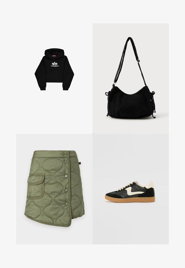 Sort cropped hoodie lavet af blødt materiale. Har en frontlomme, ribbede ærmer og et hvidt logo print med striber på brystet.; Quiltet olivengrøn nederdel med en omslagdesign, der har en sidelomme, trykknapper og en glat, let blank tekstur.; Sorte ruskinds- og lædersneakers med en cremefarvet side-swoosh og lys cremefarvet hæl. Har beige snørebånd og en gummirubber-sål.; Sort kordfløjls skuldertaske med en buet form, justerbar strop og snorelukninger på begge sider til størrelsejustering.