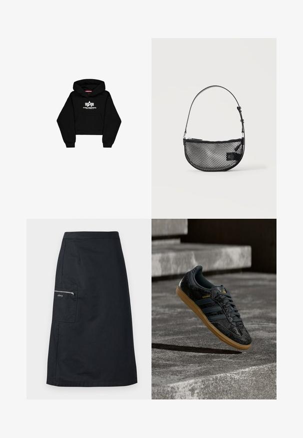 Sort cropped hoodie lavet af blødt materiale. Har en frontlomme, ribbede ærmer og et hvidt logo print med striber på brystet.; Sort knælang nederdel med sidelomme med lynlås, der har "obey"-logo på en ensfarvet baggrund.; Sort Adidas Samba-sneaker med struktureret mønster, gummisål og guldlogo, placeret i luften over betontrin.; Sort mesh halvmåne håndtaske med en kort justerbar læderrem og lynlåslukning på en ensartet lys baggrund.