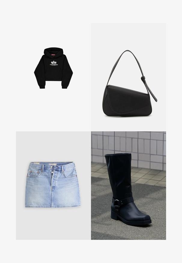 Sort cropped hoodie lavet af blødt materiale. Har en frontlomme, ribbede ærmer og et hvidt logo print med striber på brystet.; Lyseblå denim mininederdel med knapper foran, bæltestropper og to forlommer på en ensfarvet lys baggrund.; Sort læderstøvle midt på læggen med lav blokhæle og en dekorativ rem med metal spænde rundt om anklen, på en flisebelagt fortov.; Sort læderhåndtaske med en triangular form, skrå klap og et rundt håndtag. Har en glat overflade og minimalistiske design detaljer.