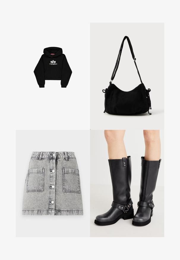 Sort cropped hoodie lavet af blødt materiale. Har en frontlomme, ribbede ærmer og et hvidt logo print med striber på brystet.; Denim nederdel i lysegrå med en vinget tekstur, med knaplukning foran, to store frontlommer og lige pasform.; Sorte læder støvler i knæhøjde med bred skaft, remdetaljer, sølv hardware og flad sål. Glat tekstur med en let glans.; Sort kordfløjls skuldertaske med en buet form, justerbar strop og snorelukninger på begge sider til størrelsejustering.