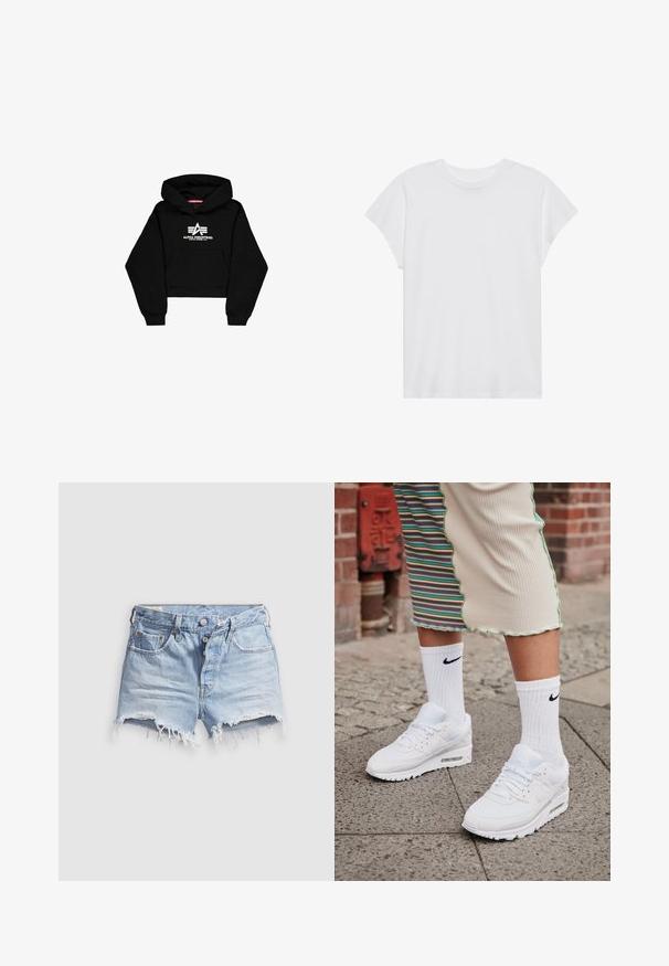 Zwarte cropped hoodie van zacht materiaal. Voorzien van een voorzak, geribbelde manchetten en een witte logoprint met strepen op de borst.; Witte t-shirt met korte mouwen, ronde hals, relaxte pasvorm, gemaakt van zacht katoen. Glad textuur, geen patronen of logo's.; Lichtblauwe denim short met afgeknipte pijpen en rafelige zoom, vijf zakken en een knoopsluiting. De stof is zacht en heeft een licht versleten uitstraling.; Witte Nike Air Max 90 sneakers met een bovenwerk van mesh en leer, voorzien van een zichtbare luchtunit, gecombineerd met witte geribbelde sokken met een zwart logo.
