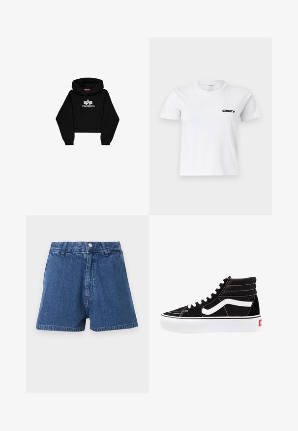 Schwarzer, verkürzter Hoodie aus weichem Stoff. Verfügt über eine Fronttasche, gerippte Bündchen und einen weißen Logo-Druck mit Streifen auf der Brust.; Weißes T-Shirt mit kurzen Ärmeln und Rundhalsausschnitt, mit schwarzem "OBEY"-Logo auf der linken Brust bedruckt.; Blaue Jeansshorts mit hoher Taille, Knopfverschluss, Gürtelschlaufen und kurzem Saum vor neutralem Hintergrund.; Schwarze High-Top-Sneaker mit weißen Schnürsenkeln, einem weißen Logo und kontrastierendem weißen Nähten. Verfügt über eine dicke weiße Sohle und ein strukturiertes Wildleder-Obermaterial.