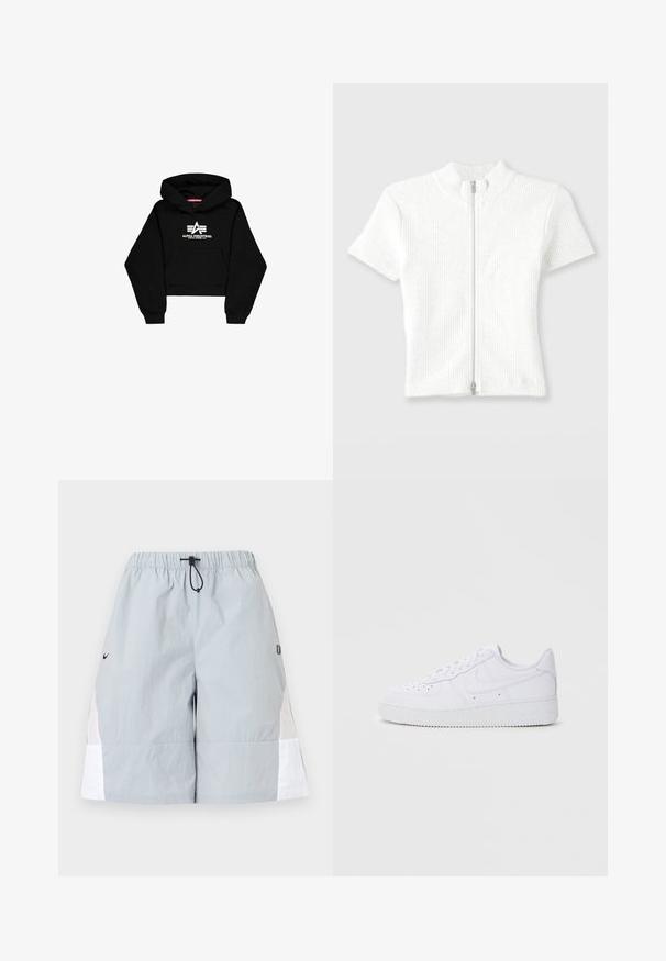 Sort cropped hoodie lavet af blødt materiale. Har en frontlomme, ribbede ærmer og et hvidt logo print med striber på brystet.; Tætsiddende hvid ribstrikket top med korteærmer, høj krave og lynlås foran. Har en subtil tekstur med en ren finish.; Lysegrå atletikshorts med hvide sidepaneler, elastisk linning og sort snor, vist på en ensfarvet baggrund.; Hvide Nike Air Force 1 sneakers med læderoverdel, rund tå, snørelukning, polstret krave og struktureret gummisål.