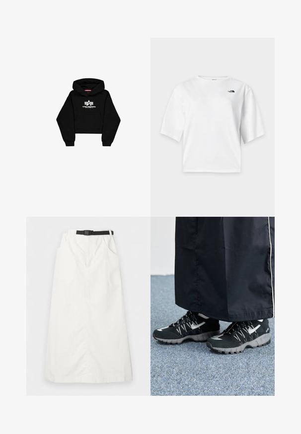 Sort cropped hoodie lavet af blødt materiale. Har en frontlomme, ribbede ærmer og et hvidt logo print med striber på brystet.; Hvid T-shirt med korte ærmer og rund hals med The North Face-logo i sort på venstre bryst.; Hvid lang nederdel med elastisk taljebånd og sort justerbart bælte, med sidelommer og lige snit.; Sorte sportsko med en struktureret overdel, sølvdetaljer og en mønstret ydersål, parret med et langt sort plagg. Sat mod blå tæpper.