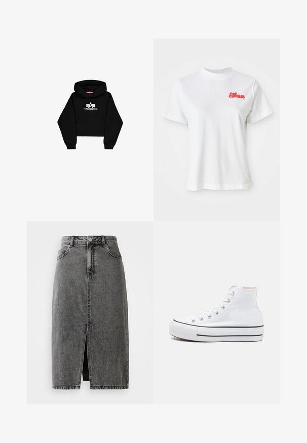 Schwarzer, verkürzter Hoodie aus weichem Stoff. Verfügt über eine Fronttasche, gerippte Bündchen und einen weißen Logo-Druck mit Streifen auf der Brust.; Weißes Baumwoll-T-Shirt mit rundem Halsausschnitt und kurzen Ärmeln. Mit einem roten gestickten Logo auf der linken Brustseite.; Hochgeschnittene, ausgebleichte schwarze Denim-Midirock mit vorderem Schlitz, Gürtelschlaufen und klassischem Fünf-Taschen-Design.; Weiße High-Top-Sneaker aus einem Material aus Segeltuch, mit schwarzer Gummisohle und kontrastierendem schwarzen Streifen auf der Zwischensohle. Runde Zehenkappe und Schnürdesign.