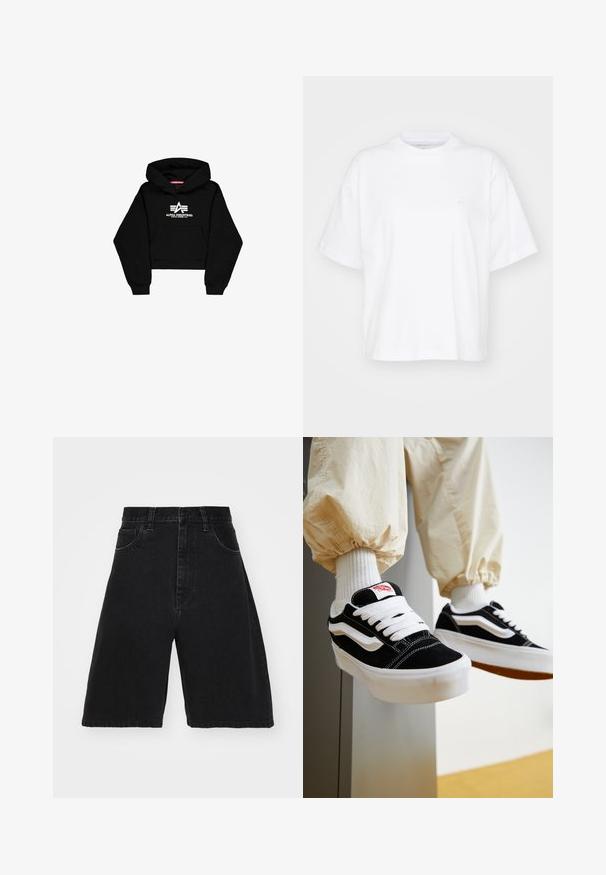 Schwarzer, verkürzter Hoodie aus weichem Stoff. Verfügt über eine Fronttasche, gerippte Bündchen und einen weißen Logo-Druck mit Streifen auf der Brust.; Weißes Baumwoll-T-Shirt mit Rundhalsausschnitt, kurzen Ärmeln und lockerer Passform. Verfügt über ein dezentes Logo auf der linken Brustseite. Glatte Textur.; Schwarze Denim-Shorts mit hoher Taille und weitem Bein, ausgestattet mit fünf Taschen und einem Knopfverschluss. Glatte Textur mit minimalen Verblassungen.; Person, die schwarz-weiße Vans-Sneaker mit weißen Schnürsenkeln, weißen Socken und beigen Hosen mit elastischen Bündchen trägt.