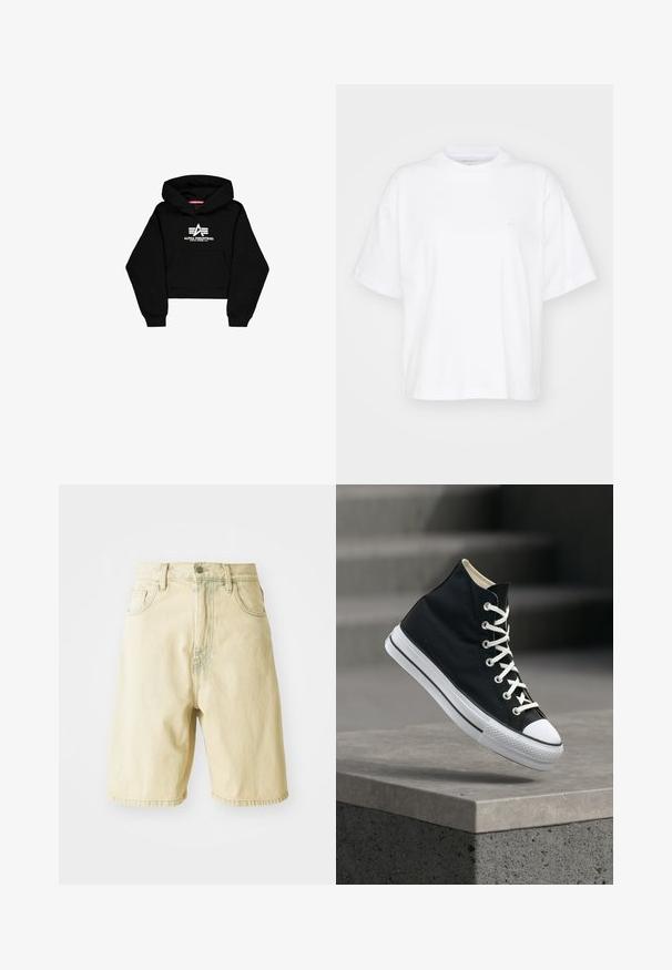 Sort cropped hoodie lavet af blødt materiale. Har en frontlomme, ribbede ærmer og et hvidt logo print med striber på brystet.; Hvid bomulds t-shirt med rund hals, korte ærmer og en afslappet pasform. Har et diskret logo på venstre brystområde. Glat tekstur.; Lys gule denim shorts med høj talje, der har bæltestropper, frontknaplukning og sidelommer. Glat tekstur og lige snit.; Sort højt sneakers med hvide snørebånd og gummisål balancerer på kanten af en grå betonplatform.