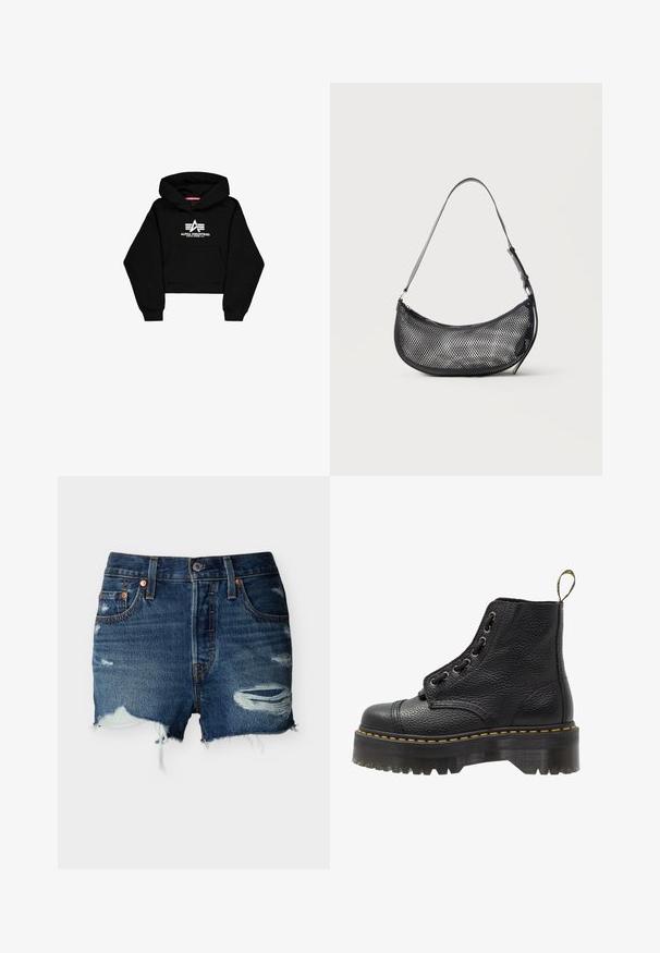 Zwarte cropped hoodie van zacht materiaal. Voorzien van een voorzak, geribbelde manchetten en een witte logoprint met strepen op de borst.; Blauwe denim shorts met versleten scheuren, rafelige zoom, voorzakken, riemlussen en knoopsluiting op een effen achtergrond.; Zwarte leren enkelboot met een gestructureerd oppervlak, ronde neus, vetersluiting, gele stiksels en een dikke, geribbelde zwarte plateauzool.; Kleine zwarte mesh schoudertas in halve maanvorm met verstelbare dunne band, tegen een effen lichte achtergrond.