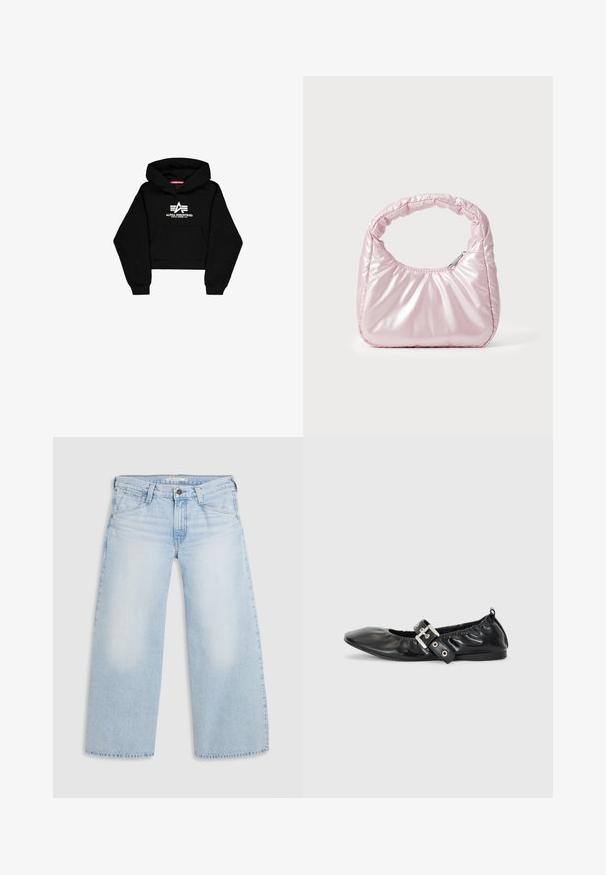 Sort cropped hoodie lavet af blødt materiale. Har en frontlomme, ribbede ærmer og et hvidt logo print med striber på brystet.; Lyseblå vid nederdel jeans lavet af denim. Har lige snit, fem lommers design og knaplukning i taljen.; Sorte læder flade sko med spids tå, samling detaljer omkring åbningen, og en sølv spænde accent på den justerbare rem.; Rosa, polstret håndtaske med afrundet design, lavet af skinnende materiale. Har et samlet håndtag og en lynlås til sikker adgang.