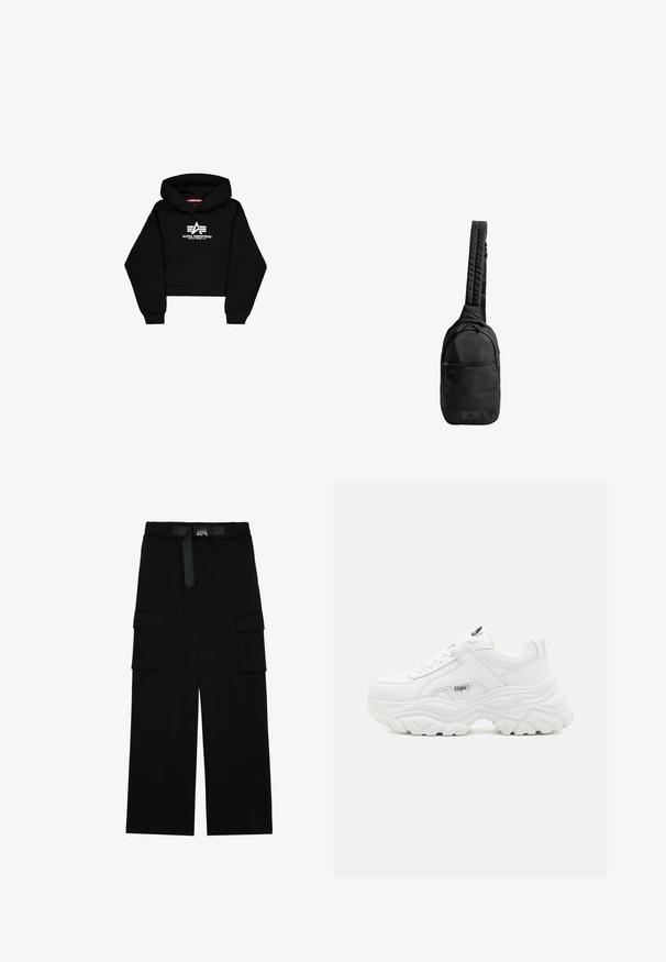 Sort cropped hoodie lavet af blødt materiale. Har en frontlomme, ribbede ærmer og et hvidt logo print med striber på brystet.; Sorte cargo bukser med vidde ben, elastisk talje med bælte og to store sidelommer til opbevaring.; Hvide chunky sneakers med en glat læderoverdel, rund tå og tyk tekstureret sål med et synligt brandlogo på siden.; Sort sling-ting med tekstureret stof, med en enkelt polstret rem, frontlomme med lynlås og logo-patch på bunden.