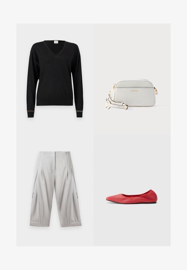 Pull en maille noire avec col en V, manches longues et poignets côtelés, présentant un détail de rayures multicolores à l'ourlet. Texture douce.; Pantalon court à jambes larges gris clair avec plis et poches latérales, présenté à plat sur fond blanc.; Filippa K REY FLATS - Ballerines - bright red; Sac bandoulière en cuir blanc avec ferrures dorées et sangle réglable, avec un logo de marque discret sur la poche avant.