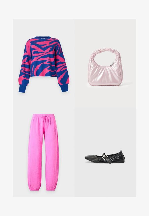 Pull court rose et bleu présentant un motif audacieux de rayures de tigre, texture tricotée, encolure ronde et poignets côtelés.; Pantalon léger rose vif avec taille élastique et cordon, coupe ample et poignets élastiques aux chevilles.; Chaussure plate en cuir noir avec un nez pointu, des détails froncés autour de l'ouverture et un accent en boucle argentée sur la bride ajustable.; Sac à main rose rembourré avec un design arrondi, fabriqué à partir d'un matériau brillant. Dispose d'une poignée froncée et d'une fermeture éclair pour un accès sécurisé.