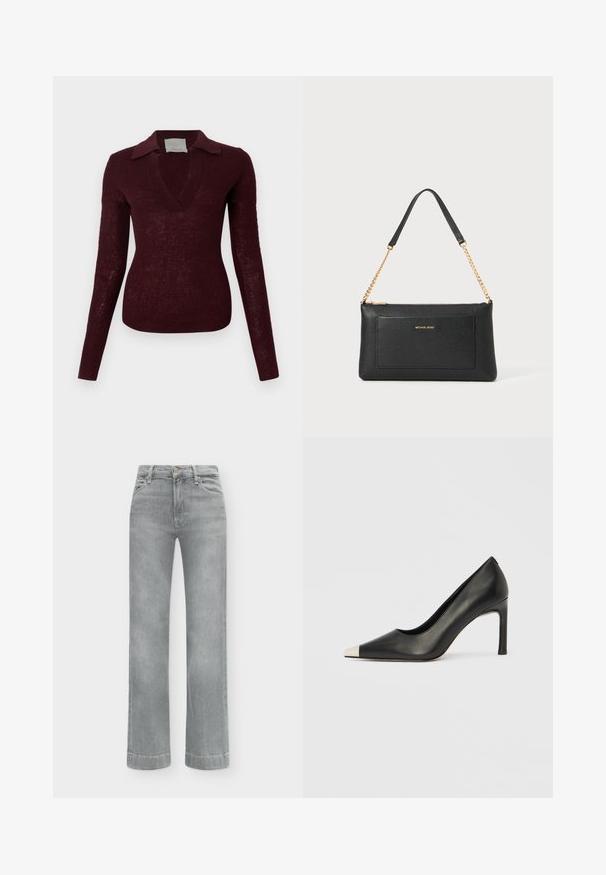Pull en maille bordeaux foncé à manches longues, col en V large et col plat, silhouette ajustée sur fond blanc.; Jean droit en denim gris clair avec poches avant, passants de ceinture et fermeture par bouton à la taille.; Chaussure à talon haut en cuir noir avec bout pointu et capuchon argenté métallique. Présente une finition lisse et un talon fin de 10 cm.; Pochette en cuir noir avec une texture en relief, bandoulière en chaîne dorée et une poche avant. Elle arbore un logo doré sur le devant.
