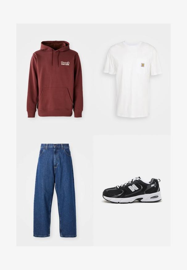 Burgunderfarbener Kapuzenpullover mit einer Vordertasche, ausgestattet mit dem gestickten "Dickie's Donut House"-Logo auf der linken Brust in Weiß. Weicher, strukturierten Stoff.; Weißes Baumwoll-T-Shirt mit kurzen Ärmeln, einer Brusttasche und einem kleinen quadratischen Logopatch in Orange und Weiß auf der Tasche.; Weite Jeans aus Denim in Dunkelblau. Hohe Taille, Gürtelschlaufen und klassisches Fünf-Taschen-Design. Gestickter Saum mit sauberem Finish.; Schwarze und graue Sportschuhe mit Obermaterial aus Mesh und Wildleder, ausgestattet mit einer weißen Zwischensohle, Schnürsenkeln und einem markanten "N"-Logo an der Seite.