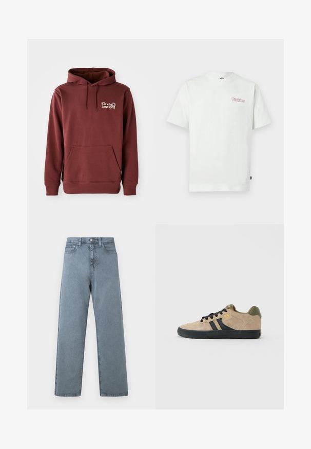 Bordeaux hættetrøje med frontlomme, der har "Dickie's Donut House" logoet broderet på venstre bryst i hvid. Blødt, struktureret stof.; Hvid bomulds t-shirt med korte ærmer, rund halsudskæring og en pink "Dickies" logo på venstre brystområde. Glat tekstur.; Lysblå denim jeans med lige ben-design, fem lommer, metalknaplukning og en let falmet tekstur.; Beige ruskind skate sko med sort sål, sorte snørebånd, sorte sidelister, olivengrøn hæl og gult Globe-logo på siden og tungen.
