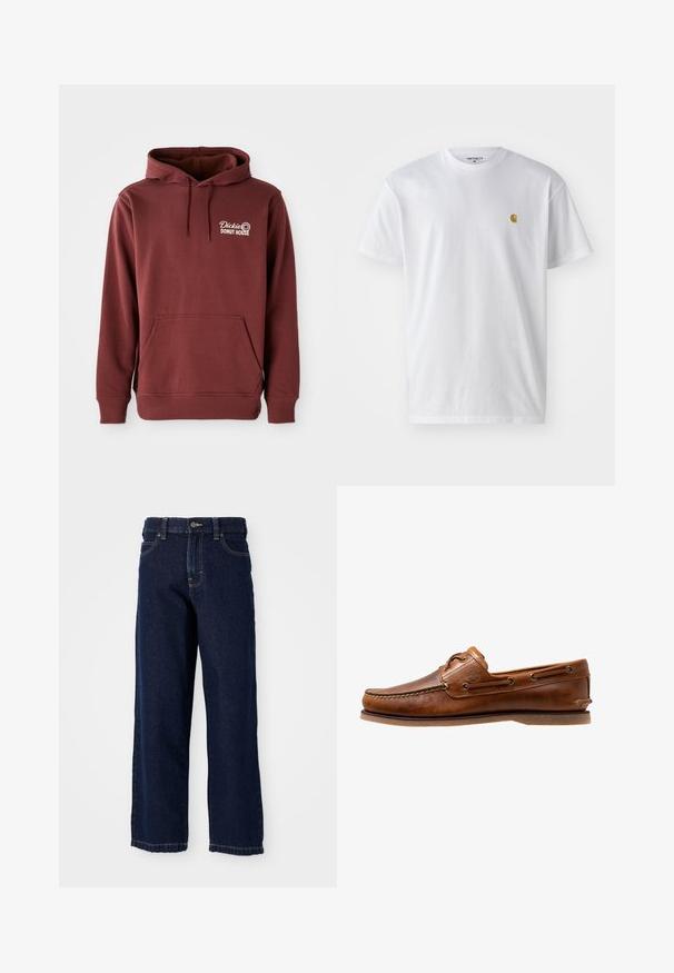 Burgunderfarbener Kapuzenpullover mit einer Vordertasche, ausgestattet mit dem gestickten "Dickie's Donut House"-Logo auf der linken Brust in Weiß. Weicher, strukturierten Stoff.; Weißes Baumwoll-T-Shirt mit kurzen Ärmeln, Rundhalsausschnitt, mit einem kleinen goldenen Logo im linken Brustbereich. Weicher Stoff und normale Passform.; Dunkelblaue Jeans mit weitem Bein aus Denim, gerader Schnitt, Fünf-Taschen-Design und Abschlussnähten entlang des Saums.; Braune Lederbootsschuhe mit gesteppten Akzenten, metallischen Ösen, einer erhöhten Naht an der Zehe und einer flachen Gummisohle.