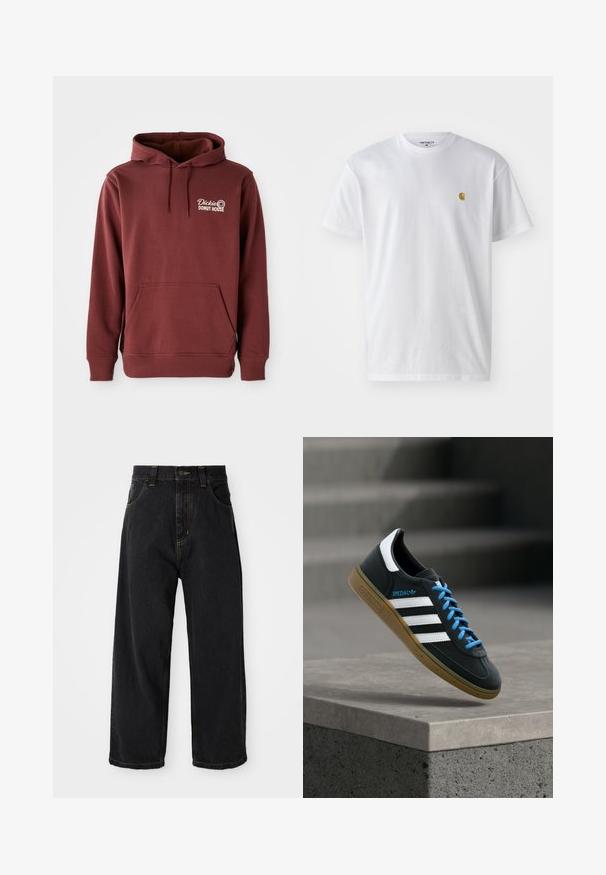 Bordeaux hoodie met een voorzak, voorzien van het borduur logo "Dickie's Donut House" op de linkerborst in het wit. Zachte, textuurstof.; Witte katoenen t-shirt met korte mouwen en ronde hals, voorzien van een klein gouden logo op de linkerkant van de borst. Zachte textuur en een normale pasvorm.; Zwarte wijde denim jeans met hoge taille, voorste knoop, rits en gele stiksels op de zakken en naden.; Zwarte Adidas-sneaker met witte strepen, blauwe veters en een gumzool die boven een grijze betonnen trede zweeft in zacht licht.