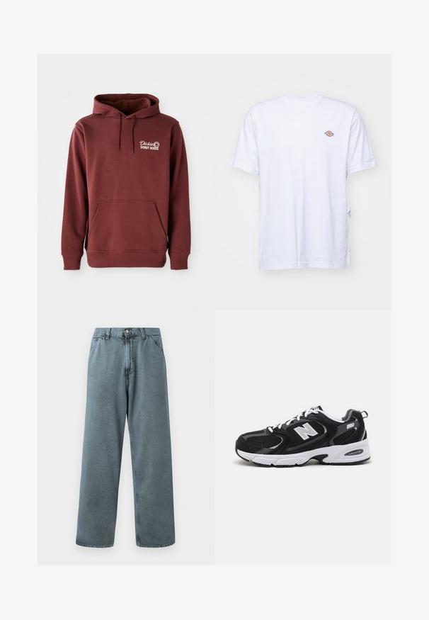 Bordeaux hoodie met een voorzak, voorzien van het borduur logo "Dickie's Donut House" op de linkerborst in het wit. Zachte, textuurstof.; Witte katoenen t-shirt met een v-hals en korte mouwen. Kenmerkt zich door een klein kleurrijk geborduurd logo op de linkerkant van de borst. Zachte textuur.; Lichtblauwe spijkerbroek met een rechte pasvorm, voorzien van een klassieke knoopsluiting en vijf zakken. Zachte textuur en minimale stikseldetails.; Zwarte en grijze sport schoenen met een bovenwerk van mesh en suede, voorzien van een witte tussenzool, veters en een gedurfde "N"-logo aan de zijkant.