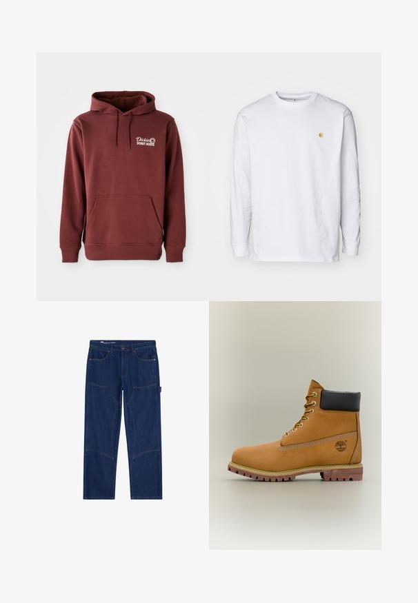 Bordeaux hoodie met een voorzak, voorzien van het borduur logo "Dickie's Donut House" op de linkerborst in het wit. Zachte, textuurstof.; Witte lange mouwen t-shirt van katoen. Voorzien van een klein gouden logo op de borst en een ronde hals. Eenvoudig ontwerp en standaard pasvorm.; Donkerblauwe recht gesneden werkjeans met verstevigde kniepanelen, voorzakken, een hamerlus en koperen klinknagel-details.; Bruine leren enkellaars met zwarte kraag, gele veters en een zandkleurige zool. Voorzien van een logo en witte stikseldetails. Robuuste loopzool met grip.