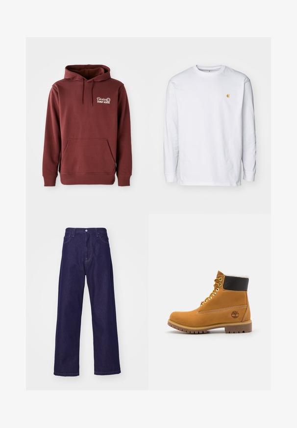 Burgunderfarbener Kapuzenpullover mit einer Vordertasche, ausgestattet mit dem gestickten "Dickie's Donut House"-Logo auf der linken Brust in Weiß. Weicher, strukturierten Stoff.; Weißes Langarm-T-Shirt aus Baumwolle. Mit kleinem goldenem Logo auf der Brust und Rundhalsausschnitt. Einfaches Design und normale Passform.; Dunkelblaue Denim-Hosen mit weitem Bein und hoher Taille, ausgestattet mit vorderen Taschen und einem Knopfverschluss, der eine glatte, strapazierfähige Textur zeigt.; Braune Leder-Ankle-Boots mit Metallösen, weißem Kunstfellfutter, schwarzem gepolstertem Kragen, robustem Sohlenprofil und geprägtem Logo an der Seite.