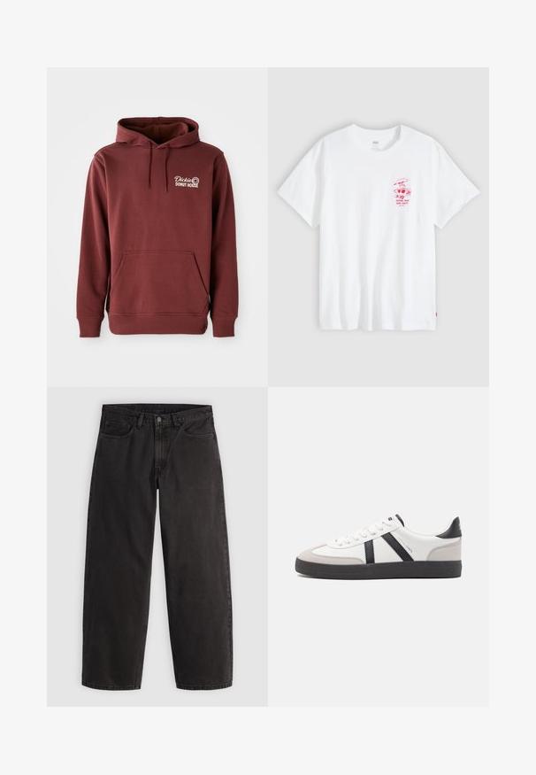Bordeaux hoodie met een voorzak, voorzien van het borduur logo "Dickie's Donut House" op de linkerborst in het wit. Zachte, textuurstof.; Witte T-shirt met korte mouwen en een kleine rode afbeelding op de linkerborst met picknickitems en de tekst "KEEPING THEM BUNS TOASTY."; Zwarte denim jeans met rechte pijpen, vijf zakken en riemlussen, plat liggend op een lichte effen achtergrond.; Witte sneaker met zwarte en grijze accenten, voorzien van een grijze neus met textuur, zwarte rubberen zool en platte witte veters. Schoon ontwerp, minimalistische stijl.