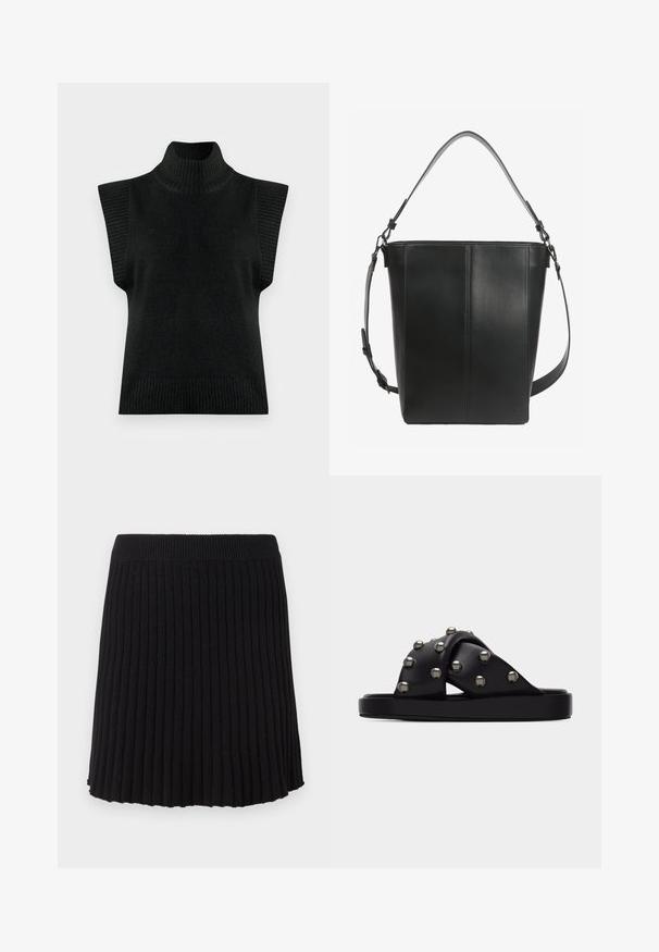 Sort strikket ærmeløs turtleneck sweater vest med ribbet krave, armåbninger og søm på en ensfarvet baggrund.; Sort ribbet strikket nederdel med en bred talje, der har lodrette plisseringer og en udvidet kant. Ensartet tekstur hele vejen igennem.; Sort slip-on sandal med brede, snoede remme prydet med metalliske nitter og en tyk, flad sål.; Sort læder bucket taske med lodret syning, et kort håndtag og en justerbar skulderrem med metalspænder.