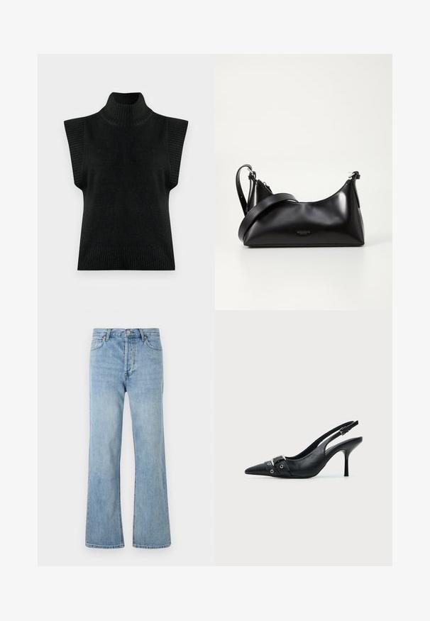 Sort strikket ærmeløs turtleneck sweater vest med ribbet krave, armåbninger og søm på en ensfarvet baggrund.; Lyseblå højtaljede denimjeans med knaplukning, for- og baglommer samt lige ben på en hvid baggrund.; Sort læder højhælet sko med spidst tåparti, slingback og rem med spænde og nitter foran.; Sort læderhåndtaske med en glat tekstur. Har en justerbar stropp og et enkelt, minimalistisk design med lynlås.